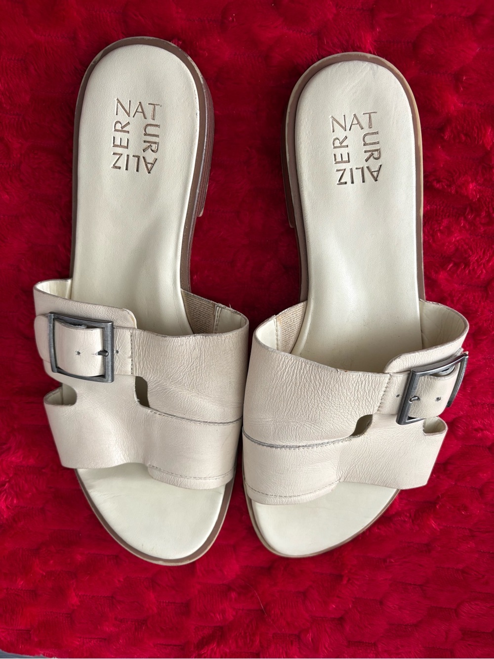Naturalizer Women's Beige Leather Slide Mules with Buckle